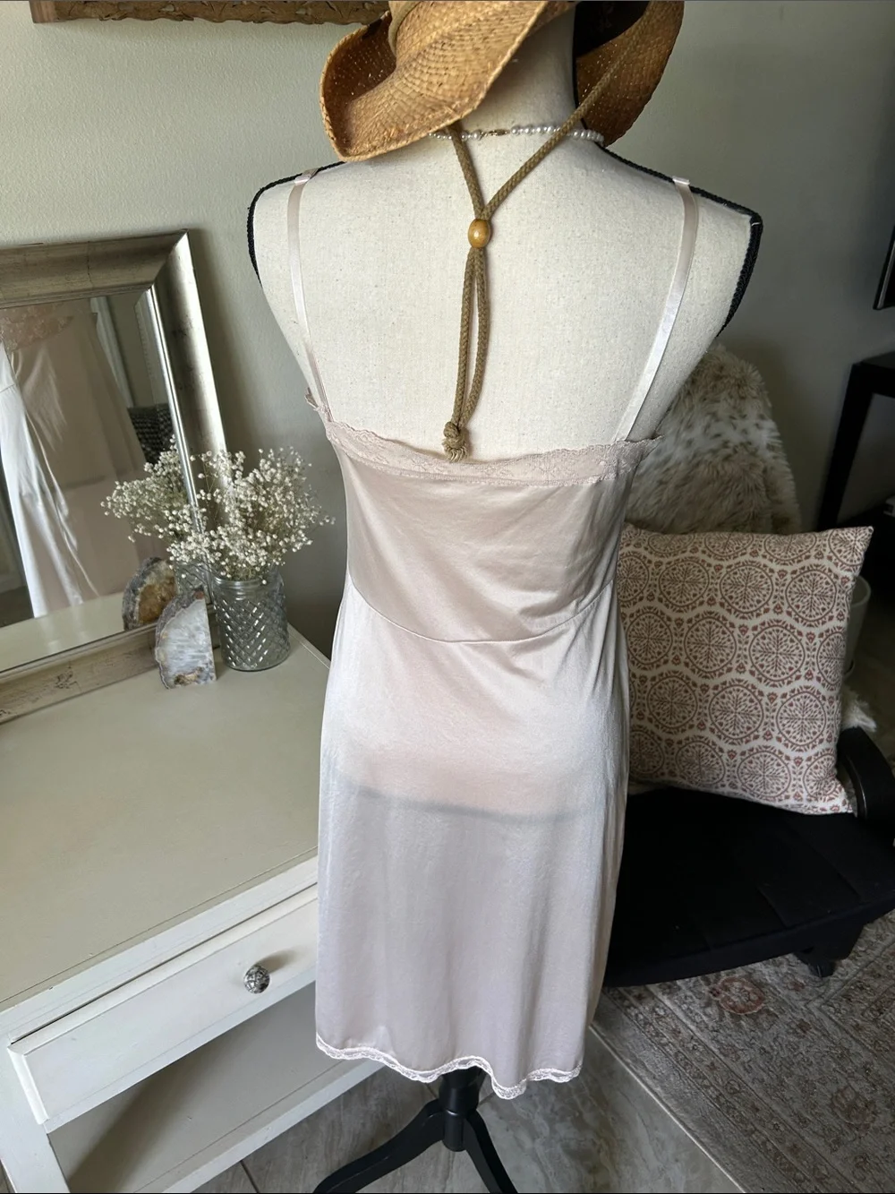 Vtg USA Dixie belle champagne cream pink lace nylon midi slip night dress 36 - Picture 7 of 16